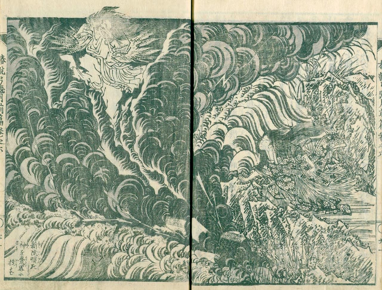 رسم توضيحي لهوكوساي من كتاب ”تشينسيتسو يوميهاريزوكي (حكايات غريبة عن الهلال)“ لكيوكوتي باكين. (بإذن من المجموعة الرقمية لمكتبة البرلمان الوطنية)