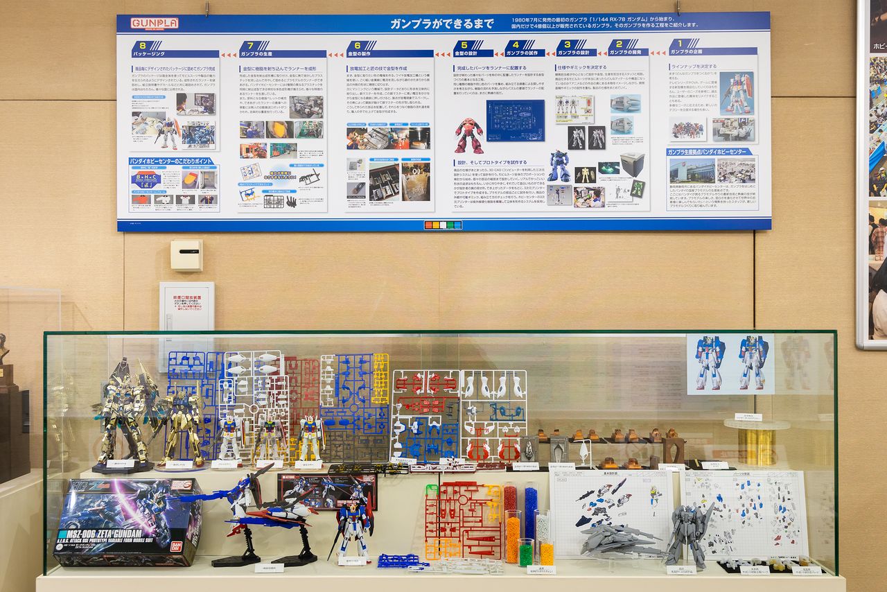 An exhibit detailing the manufacturing process for Gundam models. (© Nippon.com)