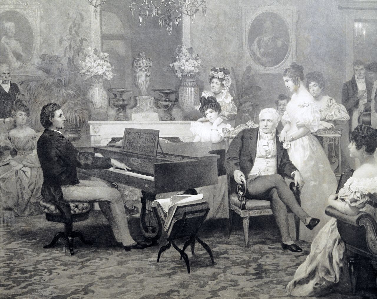 شوبان يعزف على البيانو في صالون الأمير أنتوني رادزيويل (1775–1833). ملكية متحف فريدريك شوبان. (دياغوستيني/غيتي إميجيز)