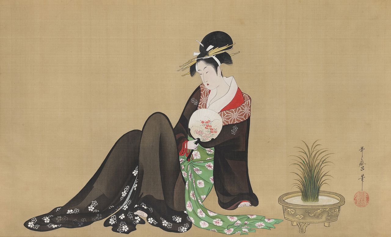 لوحة لكيتاغاوا أوتامارو بعنوان ”جمال يستمتع بالهدوء“ حوالي 1794–1795 (بإذن من متحف مدينة تشيبا للفنون).