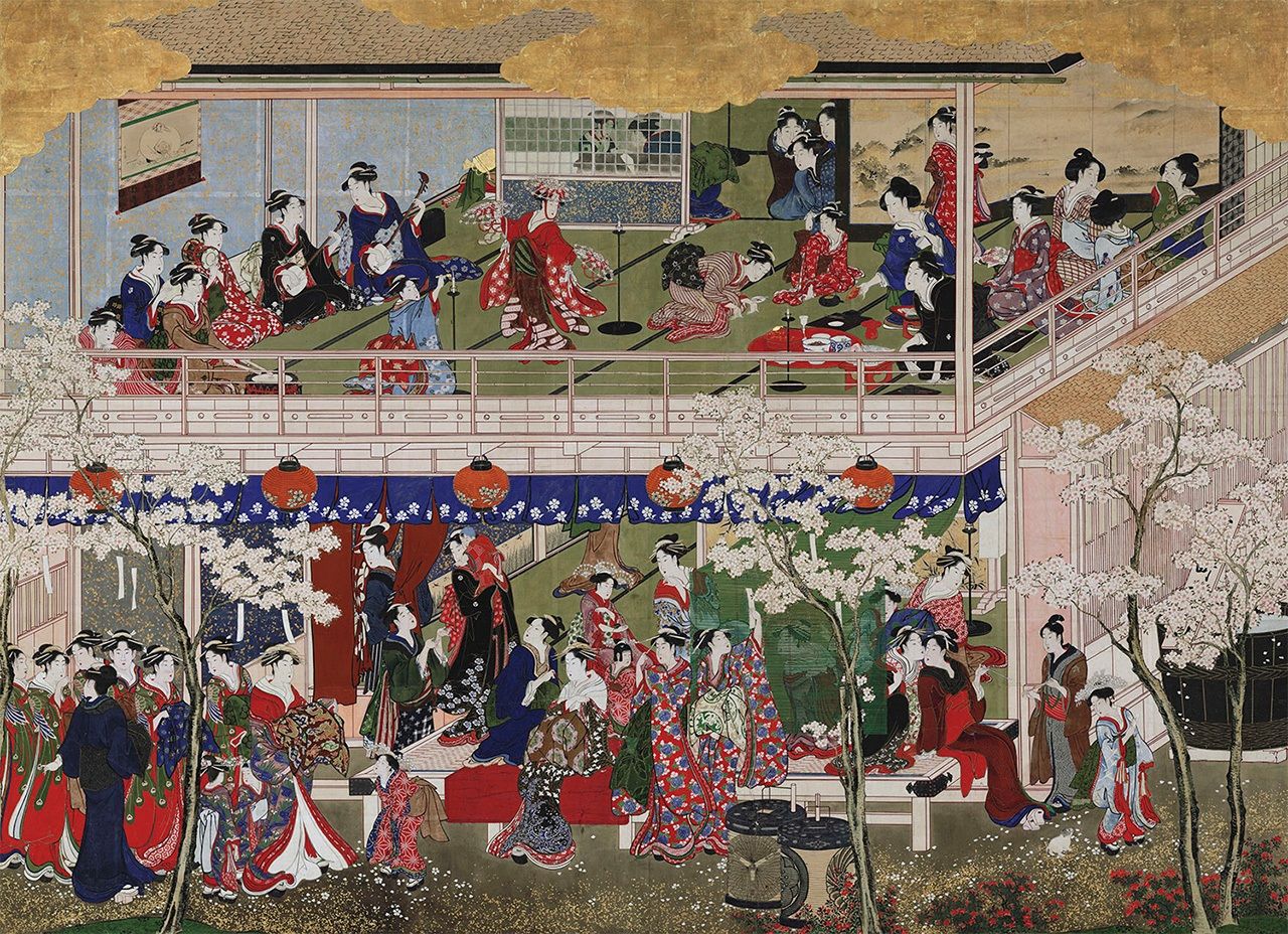  لوحة لكيتاغاوا أوتامارو بعنوان ”أزهار الكرز في يوشيوارا“، حوالي عام 1793 (بإذن من متحف وادزورث أثينيوم للفنون). .