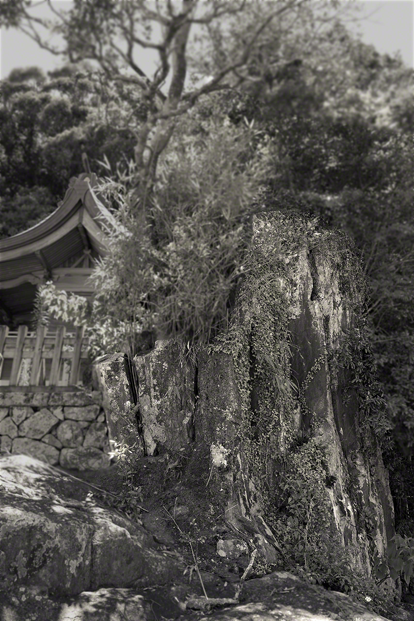 The tateiwa (standing stone) behind the main shrine building. (© Ōsaka Hiroshi)