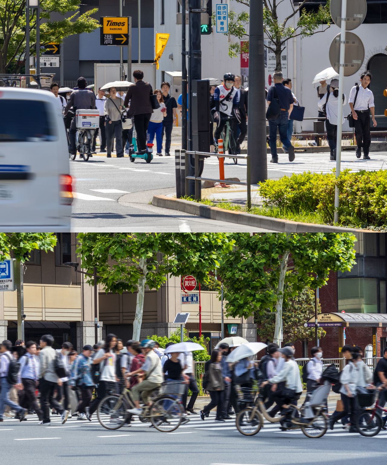 Cyclists and pedestrians mix during the morning rush in Tokyo. (© Nippon.com)