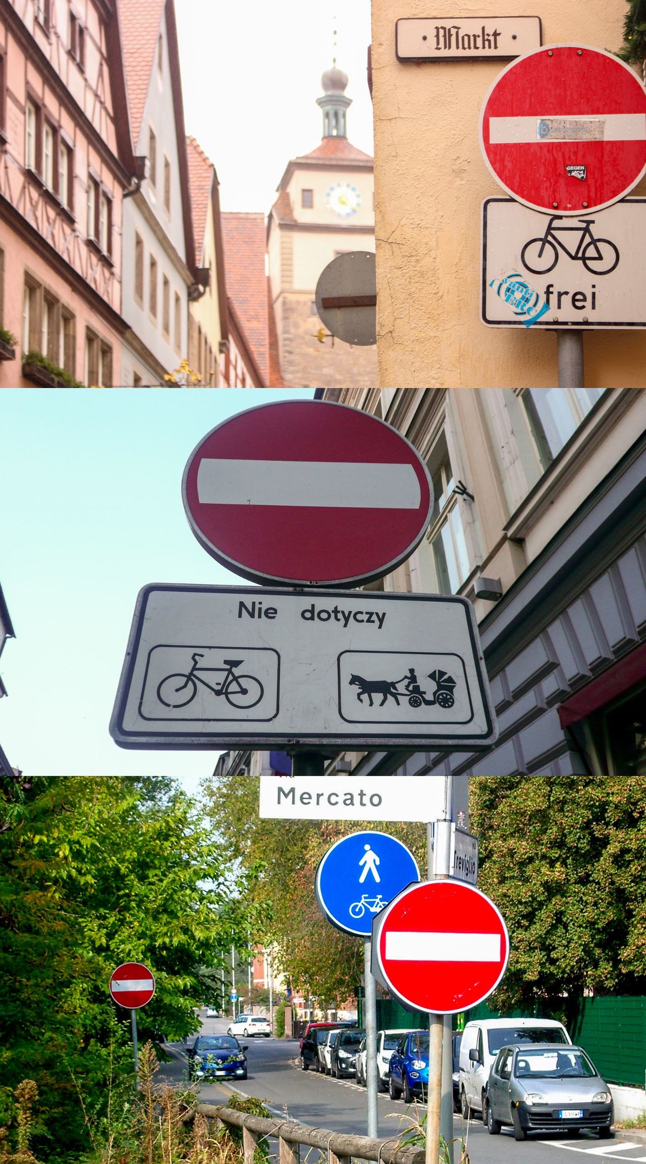 Many signs in other countries have additional plates that give vital information, such as these “do not enter” warnings that allow bicycles to enter against the flow of vehicular traffic. From top: “Do not enter” signs in Germany, Poland, and Italy with easy-to-understand supplemental signs for cyclists. (© PhotoAC)