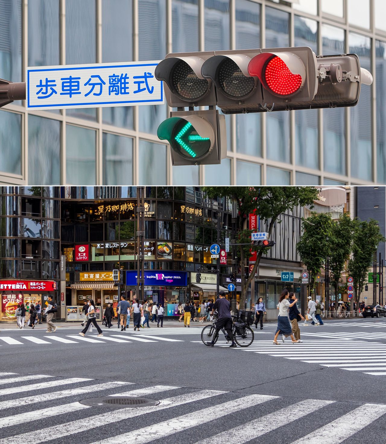 Top: Around 5% of intersections in Japan have separately timed signals for vehicles and pedestrian traffic. (© PhotoAC); at scramble-style crossings, which allow pedestrians to cross in any direction, cyclists crossing diagonally must dismount and walk their bikes across. (© Nippon.com)