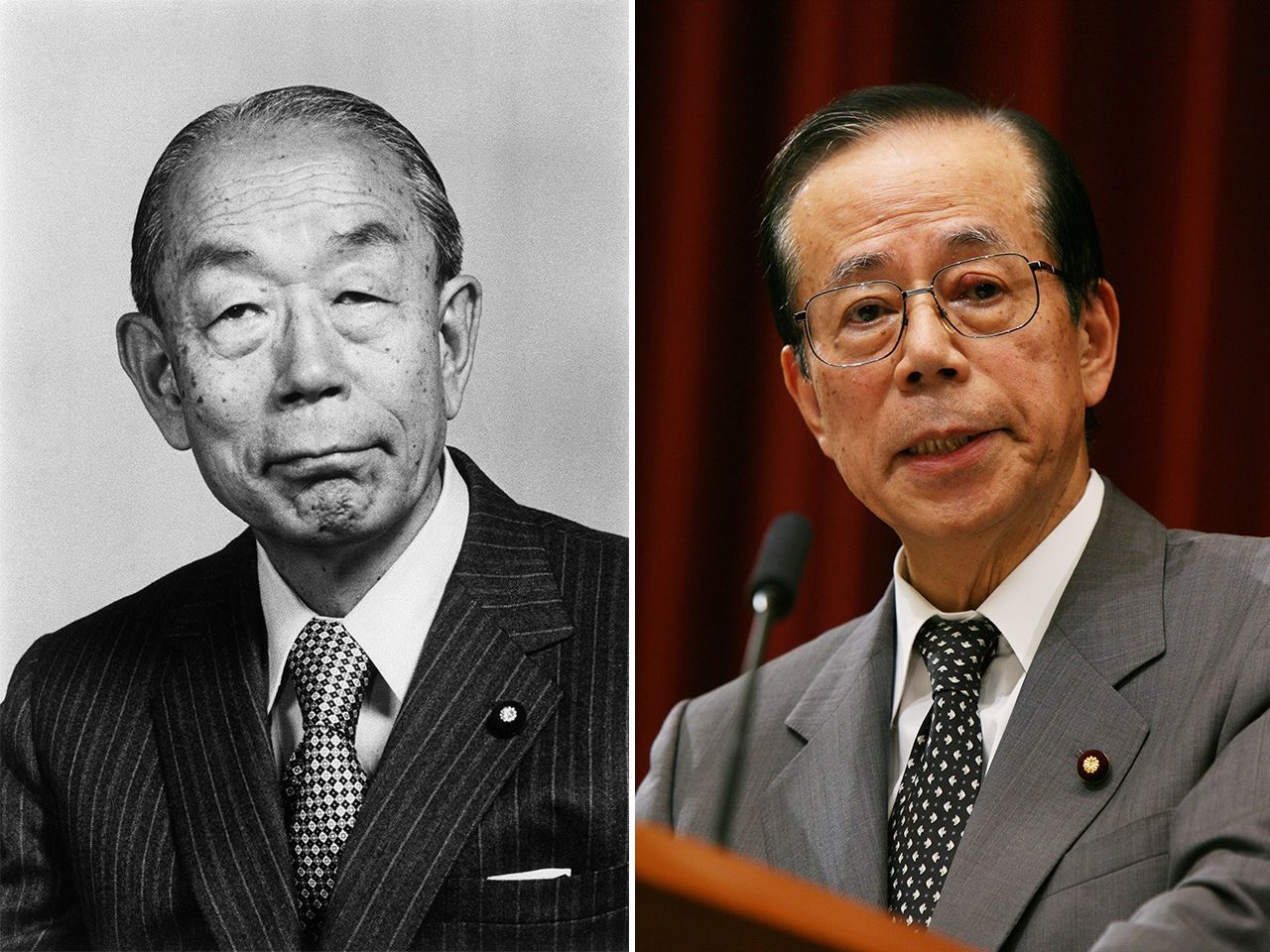 Prime Minister Fukuda Takeo (1976–78), left, and his son, Prime Minister Fukuda Yasuo (2007–8). (© Jiji)
