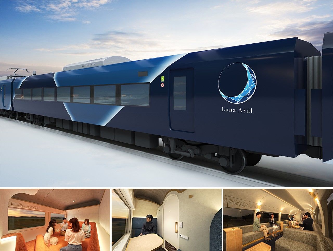 The Luna Azul (“blue moon” in Spanish) is scheduled to debut in 2027. The blue body is reminiscent of the classic Blue Trains of previous decades. (Courtesy JR East)