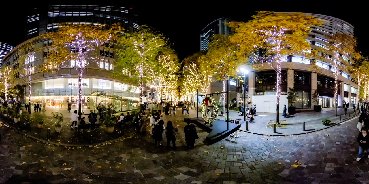 In Chiyoda, more than 1.2 million LED lights sparkle along Marunouchi’s Nakadōri between Gyōkōdōri, the main avenue connecting Tokyo Station to the Outer Garden of the Imperial Palace, and the Hibiya district. (© Somese Naoto)