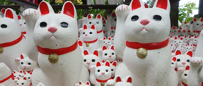 Un Groupe De Chats Porte-bonheur Japonais En Céramique Dans La