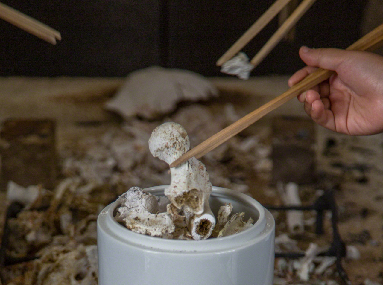 Transfert des os dans une urne après une crémation lors d'une cérémonie funéraire bouddhiste célébrée au Japon. La chair physique de ce monde devient le biominéral de l'os à mesure de la traversée de l'âme jusqu'à l'autre rivage.