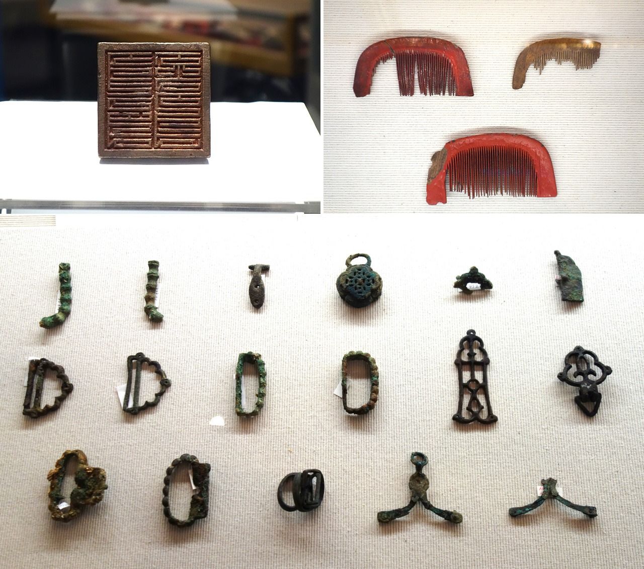 Dans le sens horaire depuis le haut gauche : un sceau portant une inscription en écriture mongole, probablement celui d’un commandant d’unité, des peignes laqués et des pièces de ceinture en bronze utilisées par les soldats de l’Empire mongol pour accrocher leurs armes. (Tous les objets proviennent du Centre archéologique de la ville de Matsuura, dans la préfecture de Nagasaki. © Nippon.com)